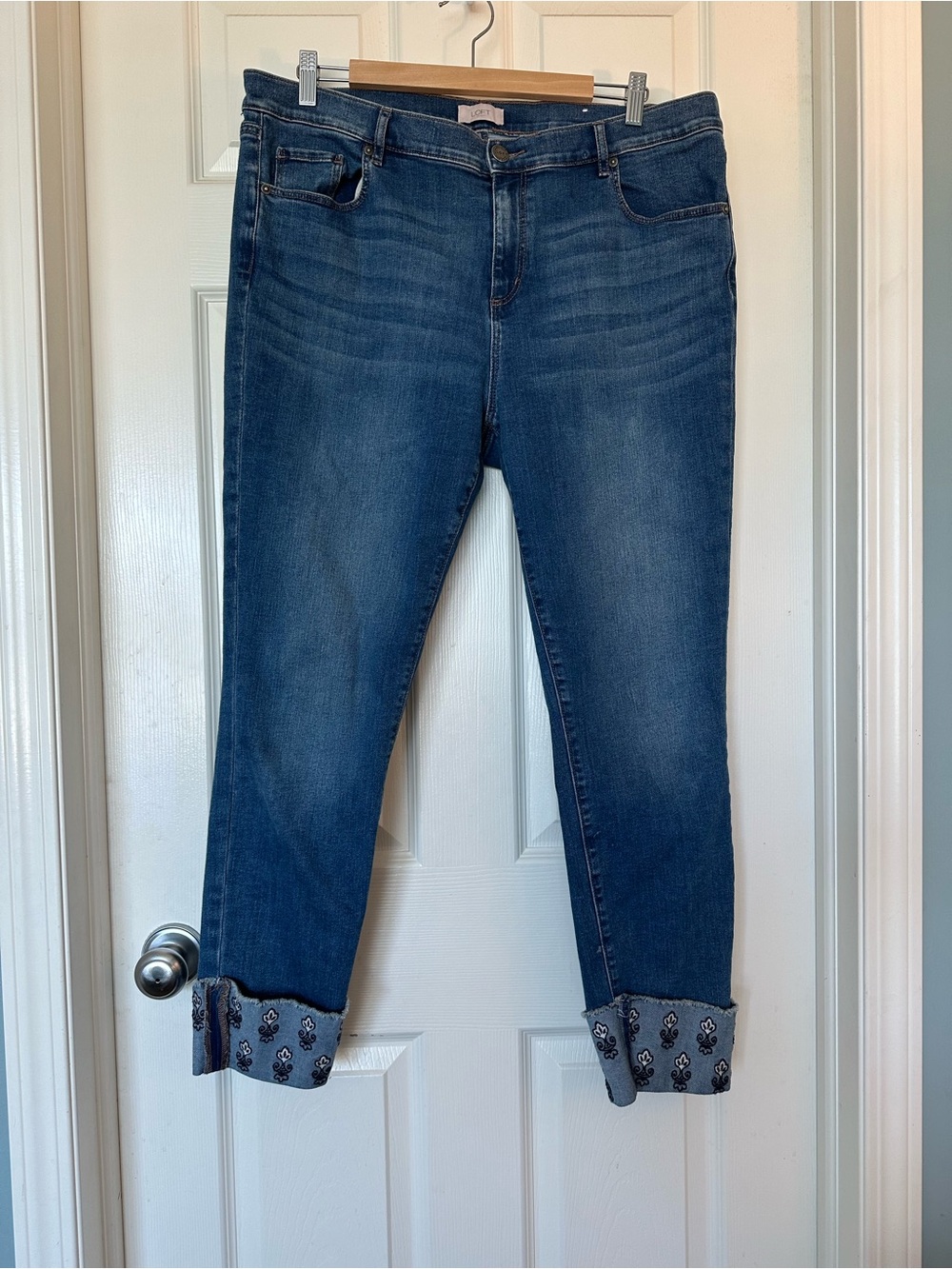 LOFT Dark Blue Cropped Jeans with Patterned Cuff